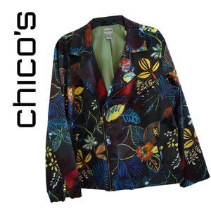 Chico’s, Whimsical Night Gretta Moto Floral Jacket‎ Blazer, Size 3, Black, Blue